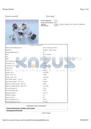 54232 datasheet - 75 watt, tungsten halogen, low to medium voltage with reflector.