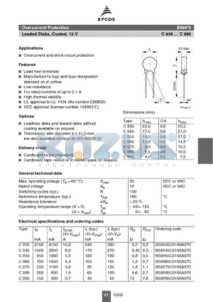 B59935C0160A070 datasheet - Overcurrent Protection Leaded Disks, Coated