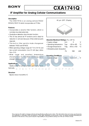 CXA1741Q datasheet - IF Amplifier for Analog Cellular Communications