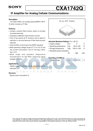 CXA1742Q datasheet - IF Amplifier for Analog Cellular Communications