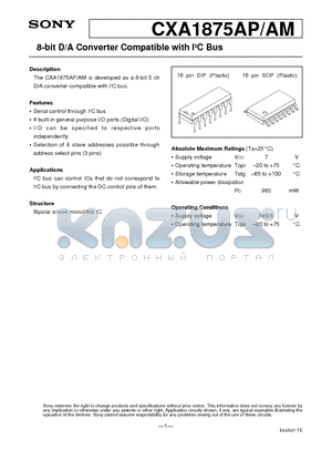 CXA1875 datasheet - 8-bit D/A Converter Compatible with I2C Bus