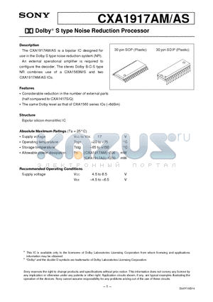 CXA1917AS datasheet - Dolby S type Noise Reduction Processor