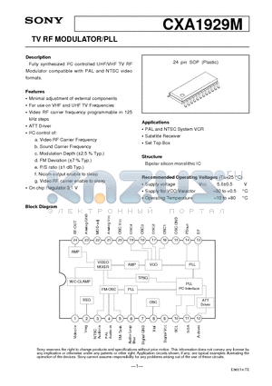 CXA1929M datasheet - TV RF MODULATOR/PLL