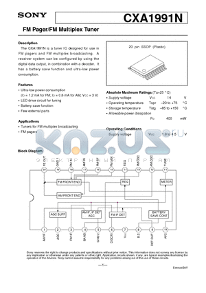 CXA1991 datasheet - FM Pager/FM Multiplex Tuner