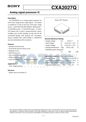 CXA2027Q datasheet - Analog signal processor IC