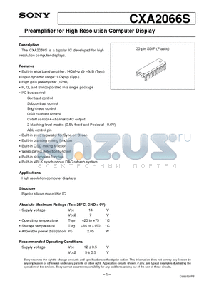 CXA2066S datasheet - Preamplifier for High Resolution Computer Display