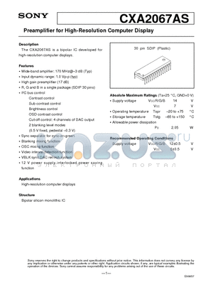 CXA2067 datasheet - Preamplifier for High-Resolution Computer Display