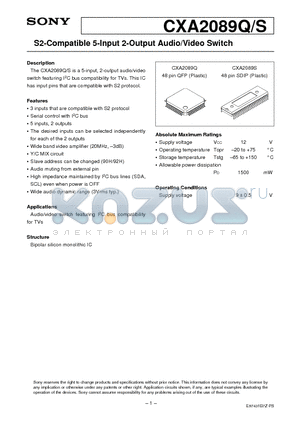 CXA2089S datasheet - S2-Compatible 5-Input 2-Output Audio/Video Switch