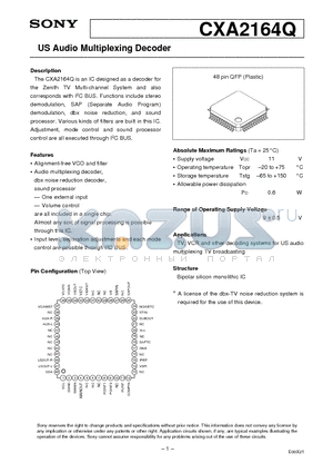 CXA2164Q datasheet - US Audio Multiplexing Decoder