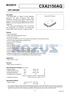 CXA2150AQ datasheet - CRT DRIVER