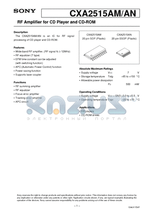 CXA2515AN datasheet - RF Amplifier for CD Player and CD-ROM