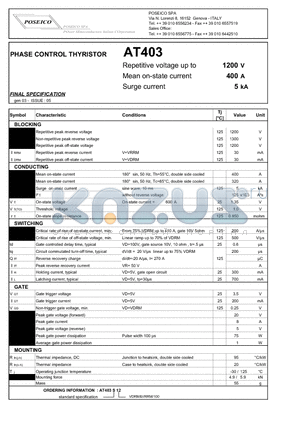 AT403 datasheet - PHASE CONTROL THYRISTOR