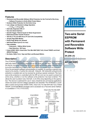 AT34C02CY6-YH-T datasheet - Two-wire Serial EEPROM with Permanent and Reversible Software Write Protect 2K (256 x 8)