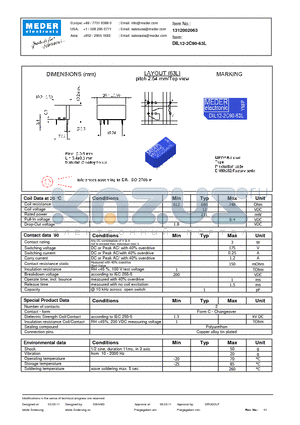 DIL12-2C90-63L datasheet - DIL Reed Relay