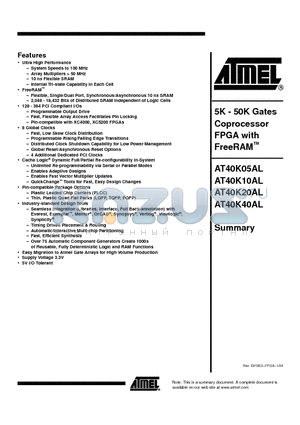 AT40K10AL datasheet - 5K - 50K Gates Coprocessor FPGA with FreeRAM