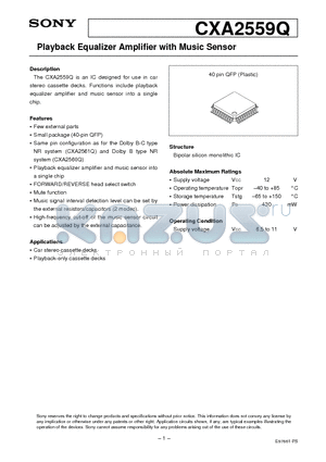 CXA2559 datasheet - Playback Equalizer Amplifier with Music Sensor
