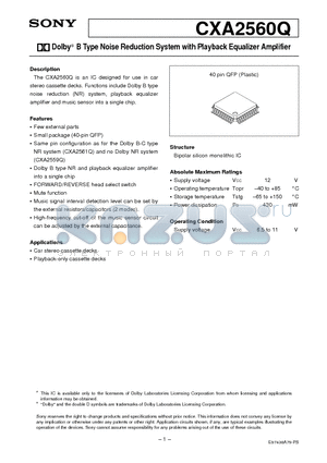 CXA2560Q datasheet - Dolby B Type Noise Reduction System with Playback Equalizer Amplifier