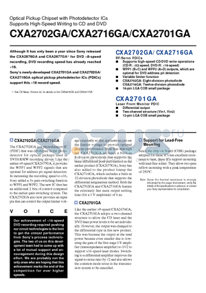 CXA2716GA datasheet - Optical Pickup Chipset with Photodetector ICs Supports High-Speed Writing to CD and DVD