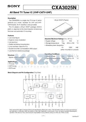 CXA3025N datasheet - All Band TV Tuner IC (VHF-CATV-UHF)