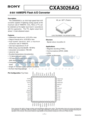 CXA3026 datasheet - 8-bit 140MSPS Flash A/D Converter