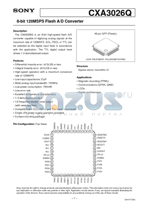 CXA3026 datasheet - 8-bit 120MSPS Flash A/D Converter