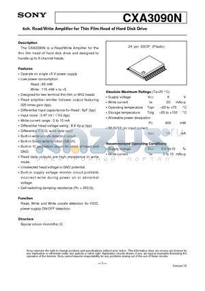 CXA3090N datasheet - 6ch. Read/Write Amplifier for Thin Film Head of Hard Disk Drive