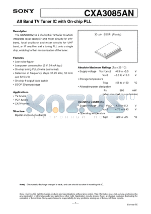 CXA3085AN datasheet - All Band TV Tuner IC with On-chip PLL