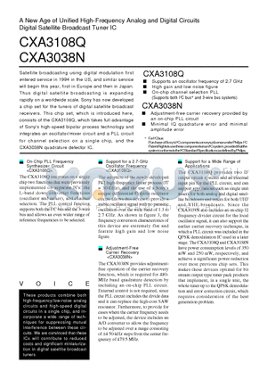 CXA3108Q datasheet - A New Age of Unified High-Frequency Analog and Digital Circuits Digital Satellite Broadcast Tuner IC