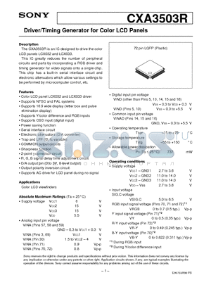 CXA3503 datasheet - Driver/Timing Generator for Color LCD Panels