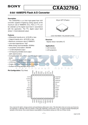 CXA3276Q datasheet - 8-bit 160MSPS Flash A/D Converter
