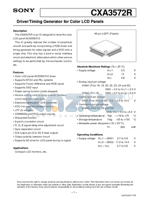 CXA3572R datasheet - Driver/Timing Generator for Color LCD Panels