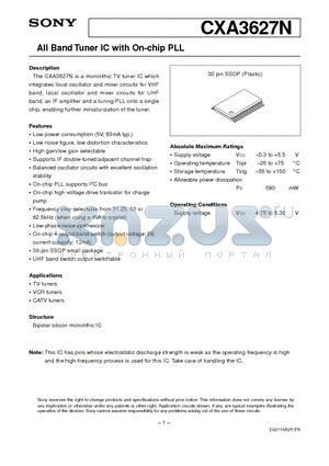 CXA3627N datasheet - All Band Tuner IC with On-chip PLL