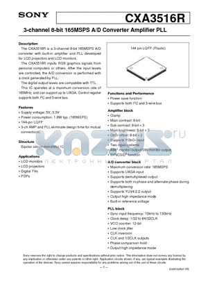 CXA3516 datasheet - 3-channel 8-bit 165MSPS A/D Converter Amplifier PLL