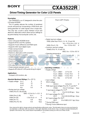 CXA3522R datasheet - Driver/Timing Generator for Color LCD Panels