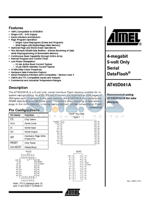AT45D041A datasheet - 4-megabit 5-volt Only Serial DataFlash