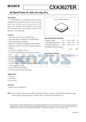 CXA3627ER datasheet - All Band Tuner IC with On-chip PLL