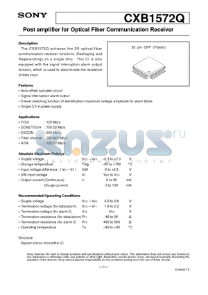 CXB1572Q datasheet - Post amplifier for Optical Fiber Communication Receiver