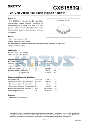 CXB1563Q datasheet - 2R IC for Optical Fiber Communication Receiver
