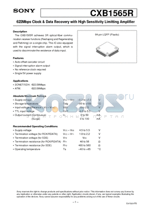 CXB1565R datasheet - 622Mbps Clock & Data Recovery with High Sensitivity Limitting Amplifier