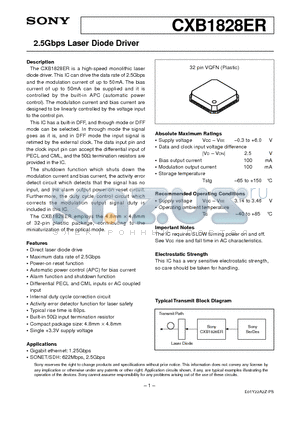 CXB1828ER datasheet - 2.5Gbps Laser Diode Driver