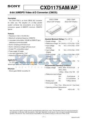 CXD1175AM datasheet - 8-bit 20MSPS Video A/D Converter (CMOS)