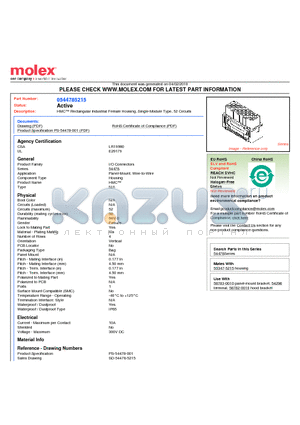 54478-5215 datasheet - HMC Rectangular Industrial Female Housing, Single-Module Type, 52 Circuits