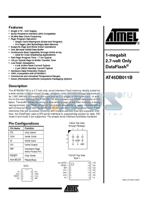 AT45DB011B-SU datasheet - 1-megabit 2.7-volt Only DataFlash