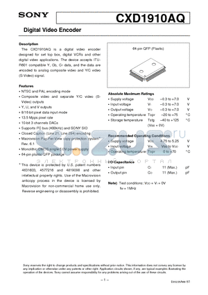 CXD1910AQ datasheet - Digital Video Encoder