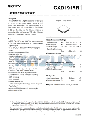 CXD1915R datasheet - Digital Video Encoder