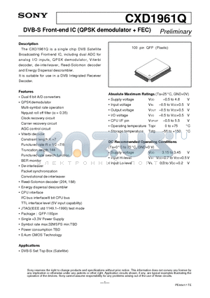 CXD1961Q datasheet - DVB-S Front-end IC (QPSK demodulator  FEC)