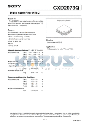 CXD2073 datasheet - Digital Comb Filter (NTSC)