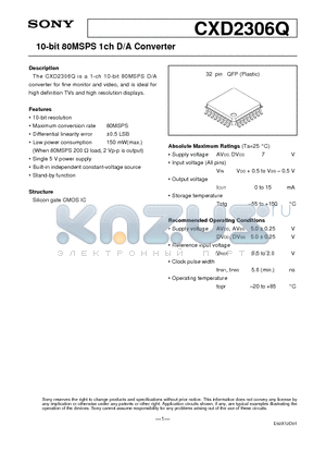 CXD2306Q datasheet - 10-bit 80MSPS 1ch D/A Converter