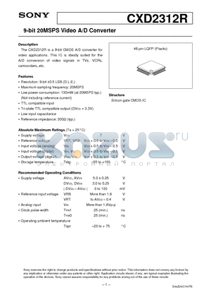 CXD2312 datasheet - 9-bit 20MSPS Video A/D Converter