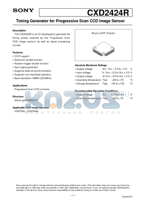 CXD2424R datasheet - Timing Generator for Progressive Scan CCD Image Sensor